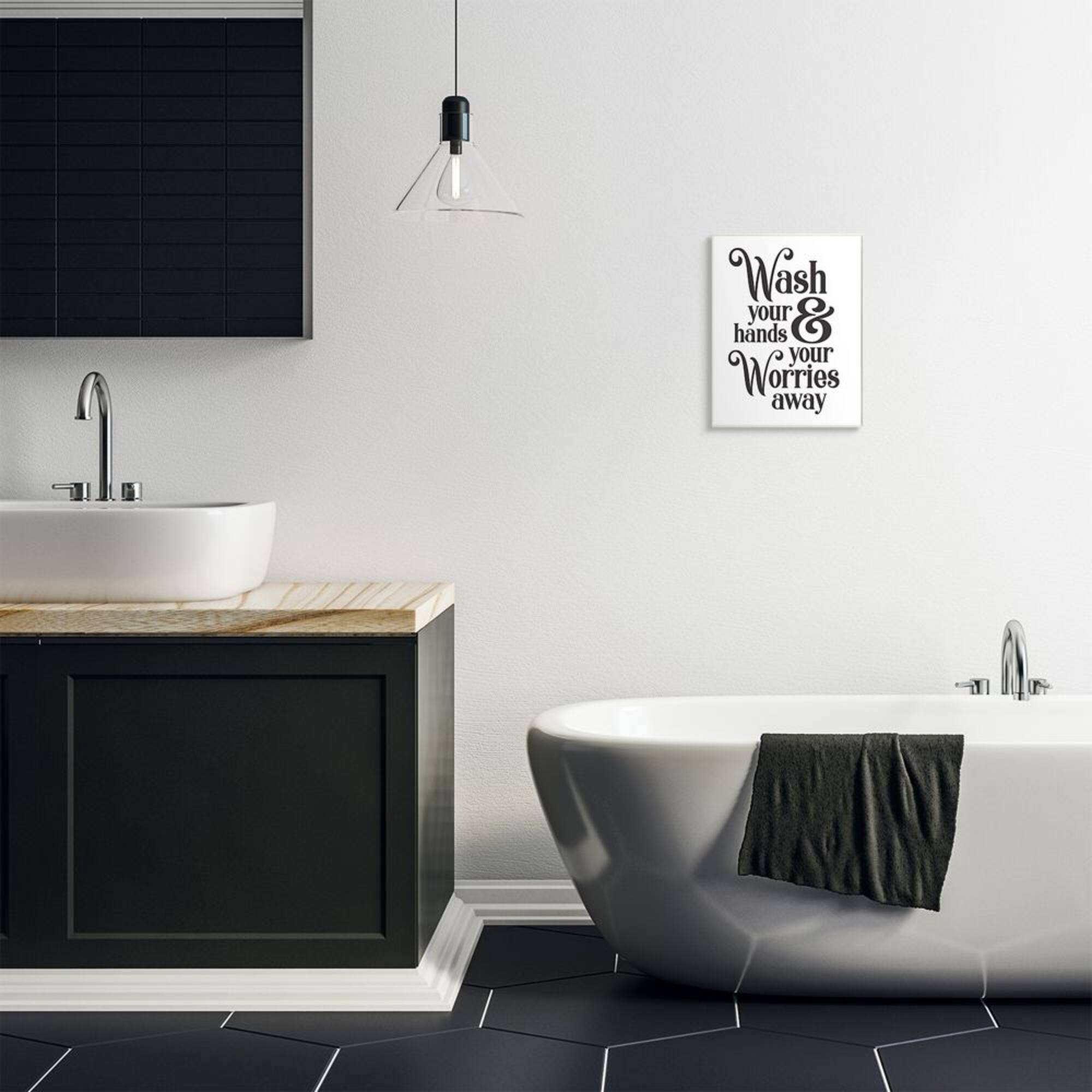 Stupell Industries Wash Your Hands and Worries Bathroom Phrase Clean Wood Wall Plaque